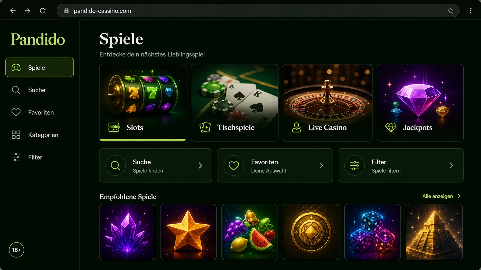 Spielangebot und Casino-Bereich
